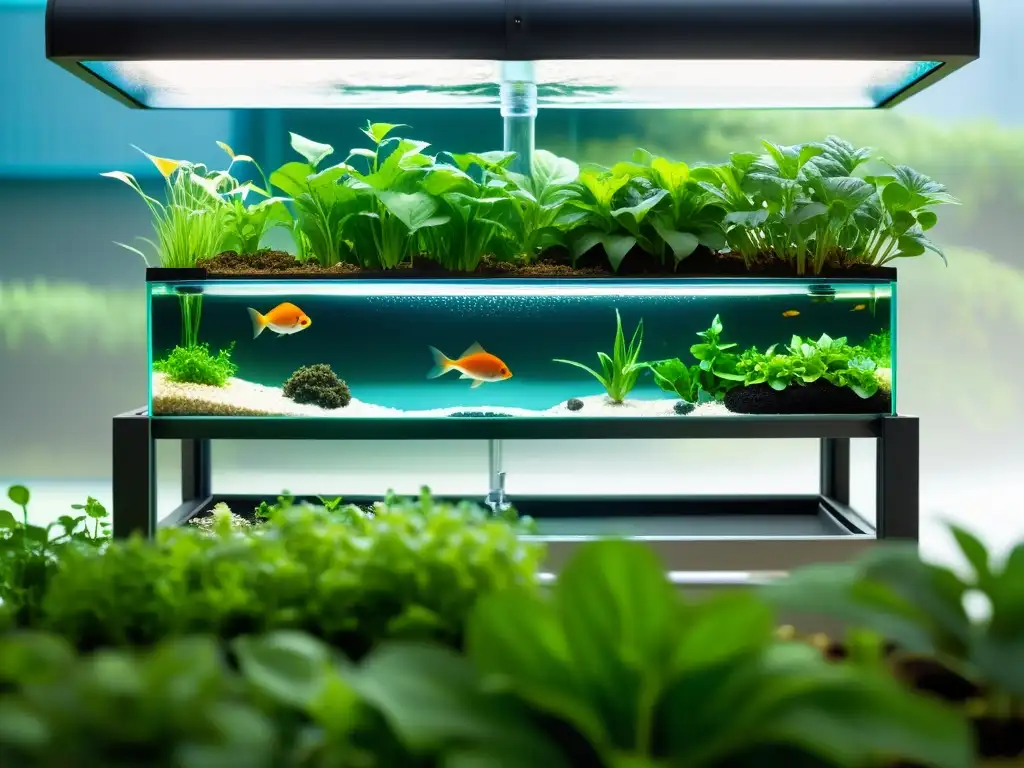 Un sistema de acuaponía moderno muestra un equilibrio saludable de plantas y agua cristalina, destacando el control de algas en acuaponía