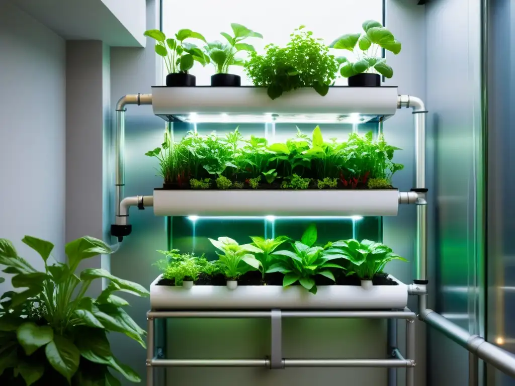 Un sistema de acuaponía moderno y estilizado en un espacio urbano compacto, con plantas exuberantes