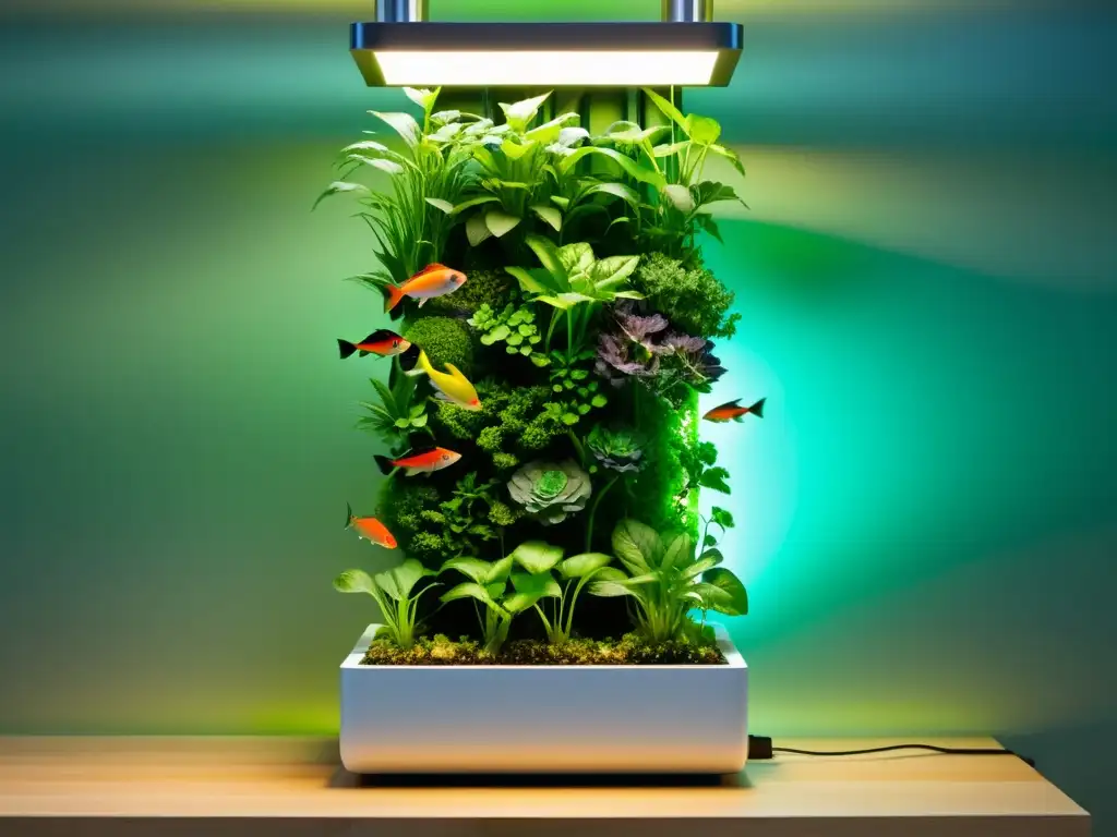 Un sistema de acuaponía moderno en un huerto vertical, con peces y plantas vibrantes, ideal para maridajes con productos de huertos verticales