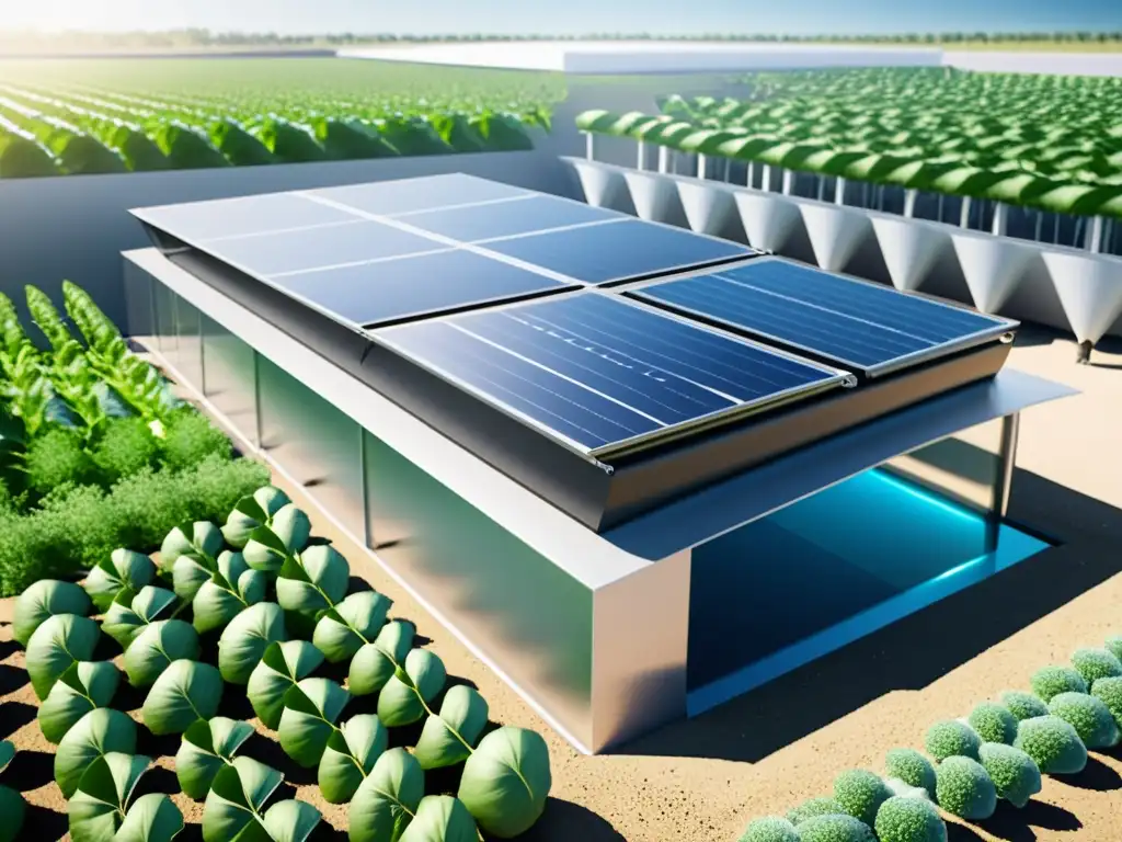 Un sistema de acuaponía moderno con integración de energías renovables, mostrando armonía entre tecnología sostenible y prácticas agrícolas