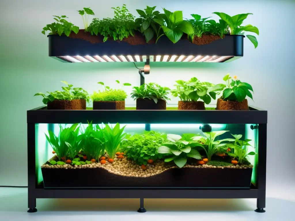 Un sistema de acuaponía moderno con medios de cultivo alternativos, exudando innovación y sostenibilidad