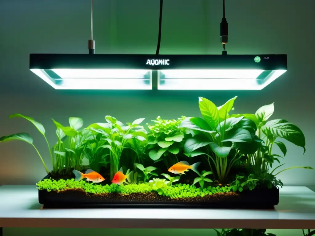 Un sistema de acuaponía moderno con iluminación óptima, plantas exuberantes y peces prósperos en agua clara y bien iluminada