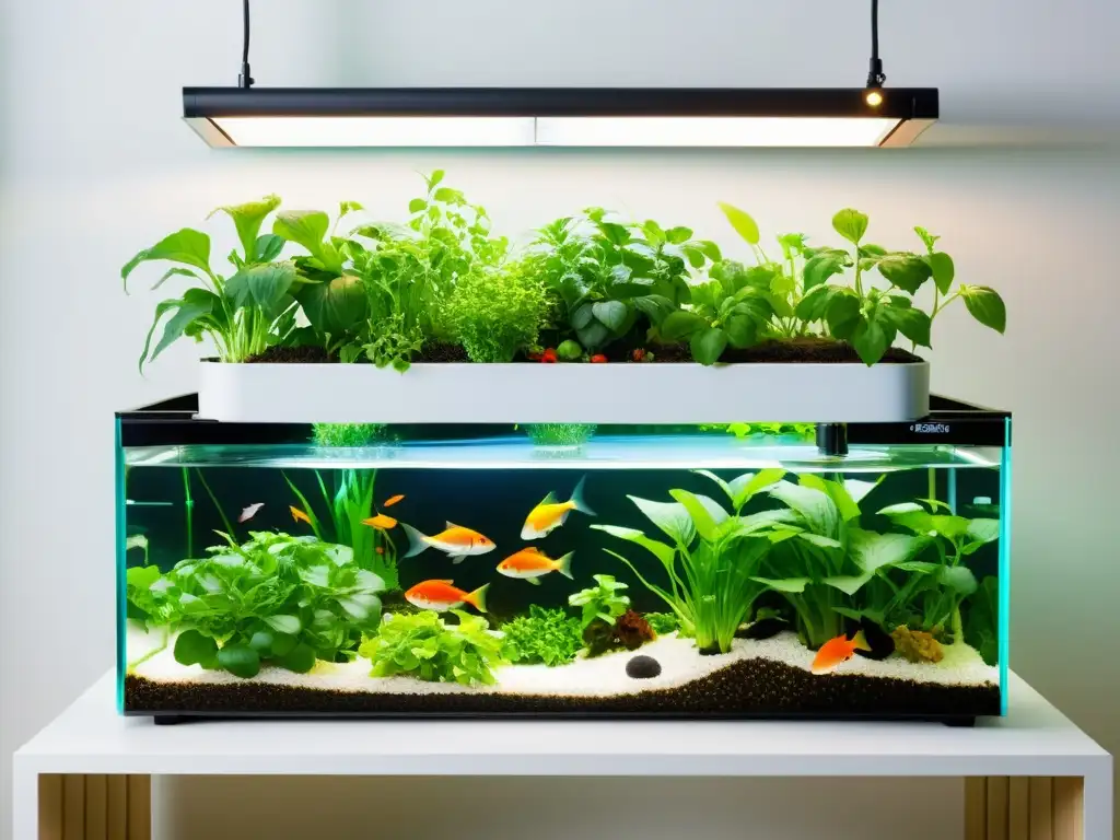 Un sistema de acuaponía moderno con peces coloridos, plantas exuberantes y tubos transparentes