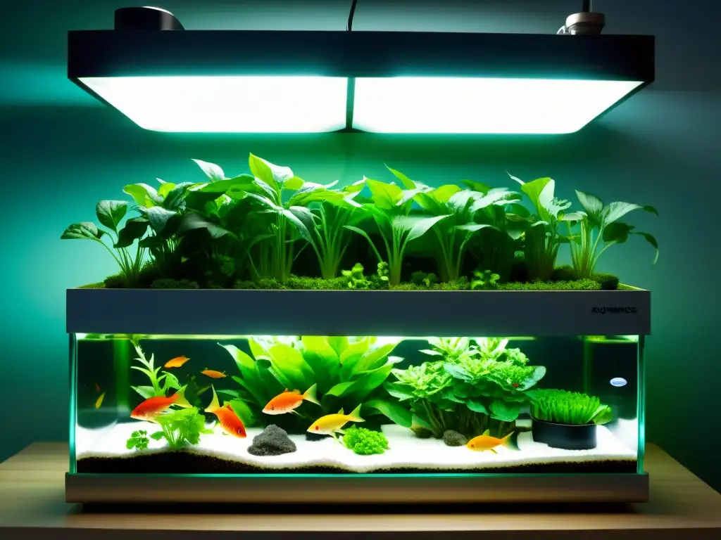 Un sistema de acuaponía moderno con peces coloridos y vegetales exuberantes