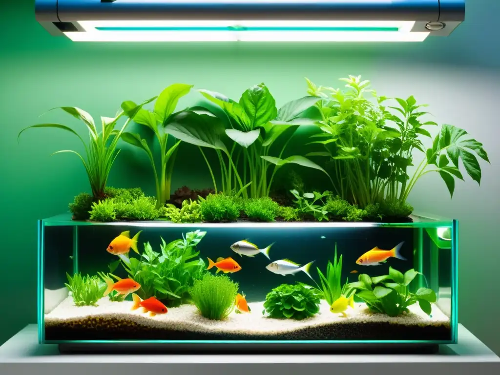 Un sistema de acuaponía moderno con peces y plantas vibrantes en simbiosis