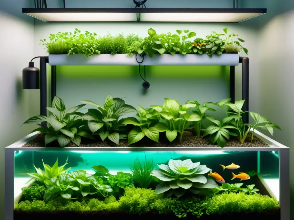 Sistema de acuaponía moderno: plantas exuberantes y peces en armonía Un sistema de acuaponía moderno con plantas exuberantes y peces nadando en tanques