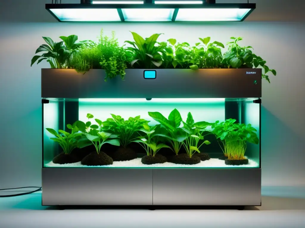 Un sistema moderno de acuaponía con plantas exuberantes creciendo en contenedores llenos de agua, sostenidas por un elegante marco metálico