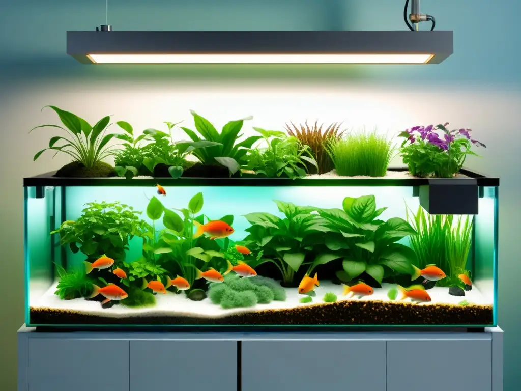 Un sistema de acuaponía moderno con plantas exuberantes y peces coloridos