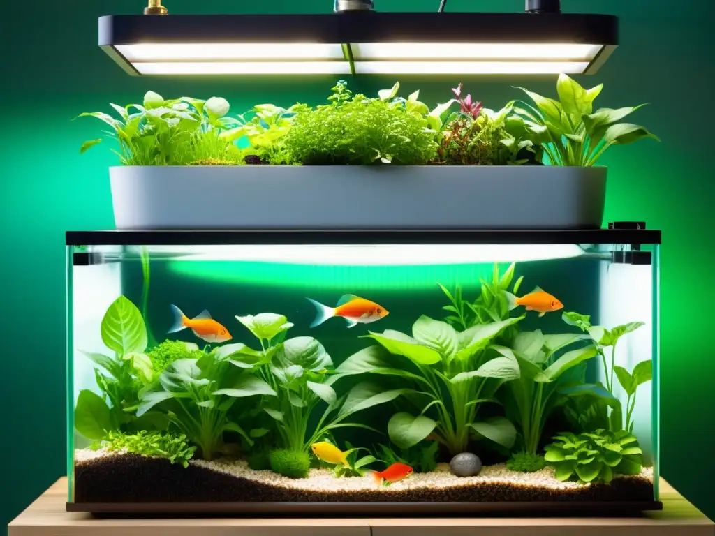 Un sistema de acuaponía moderno muestra plantas exuberantes y peces coloridos en tanques