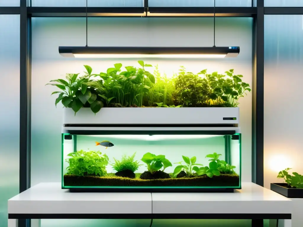 Un sistema de acuaponía moderno con plantas exuberantes creciendo en torres verticales y peces nadando en el agua