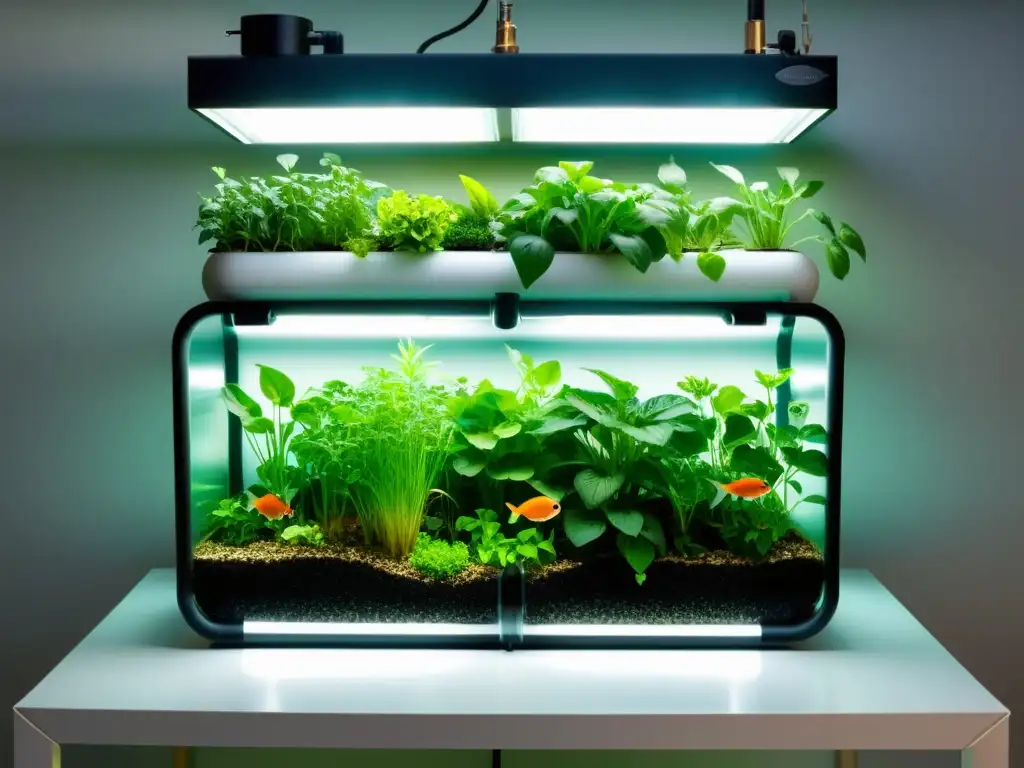 Un sistema de acuaponía moderno con plantas exuberantes creciendo en tubos de agua, junto a peces vibrantes en un tanque claro y bien mantenido