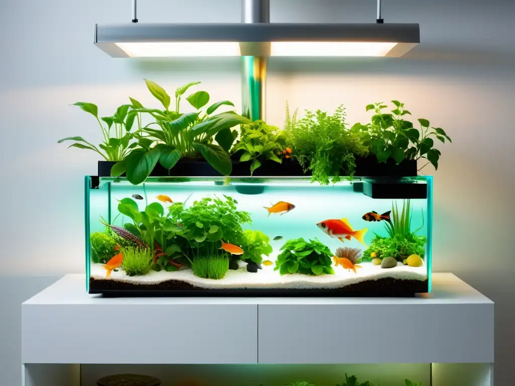 Un sistema de acuaponía moderno con plantas exuberantes y peces coloridos, creando la proporción ideal nutrientes sistema acuaponía