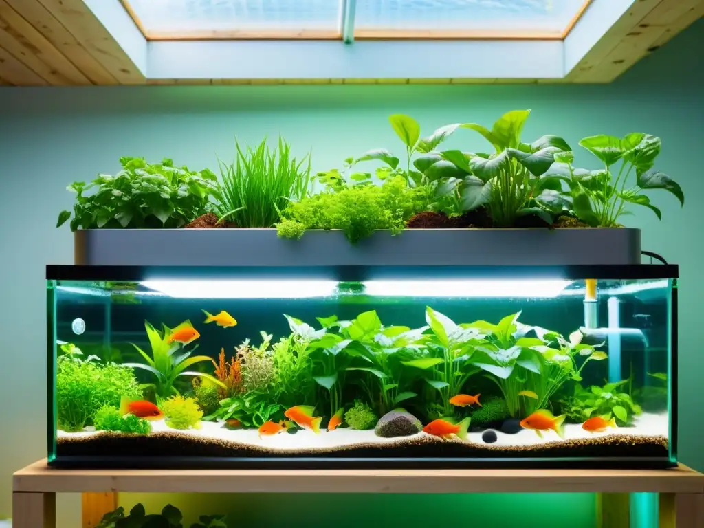 Un sistema de acuaponía moderno con plantas exuberantes flotando en el agua, peces coloridos nadando debajo de ellas y un sistema de monitoreo sofisticado al fondo, todo bañado en una suave luz natural que se filtra a través de un techo de vidrio