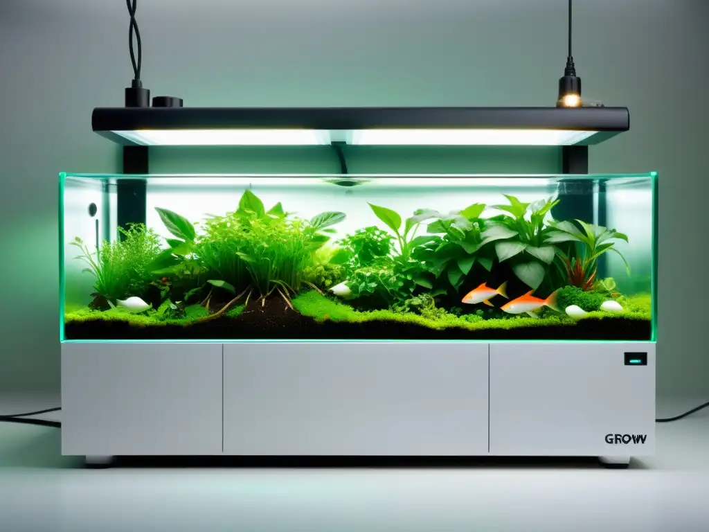 Un sistema de acuaponía moderno con plantas exuberantes y peces saludables