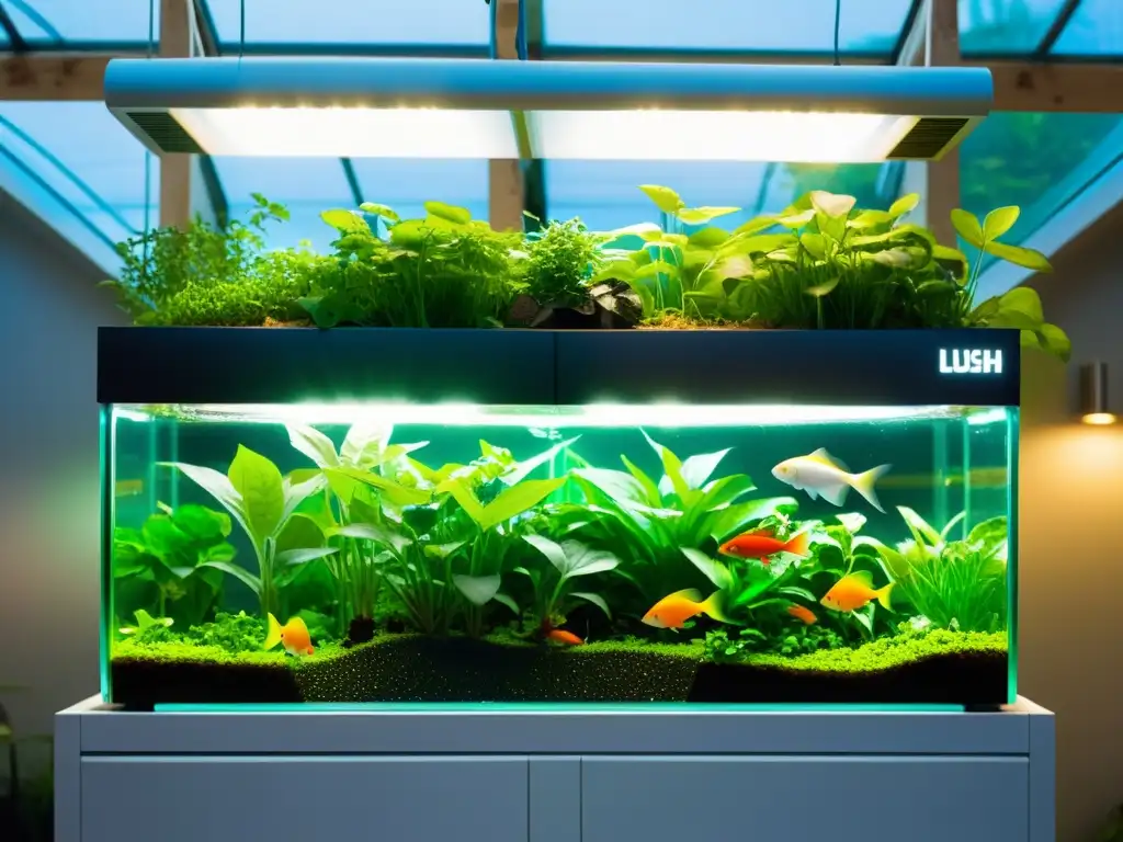 Un sistema de acuaponía moderno con plantas exuberantes creciendo en las camas hidropónicas, mientras peces de colores nadan en el agua