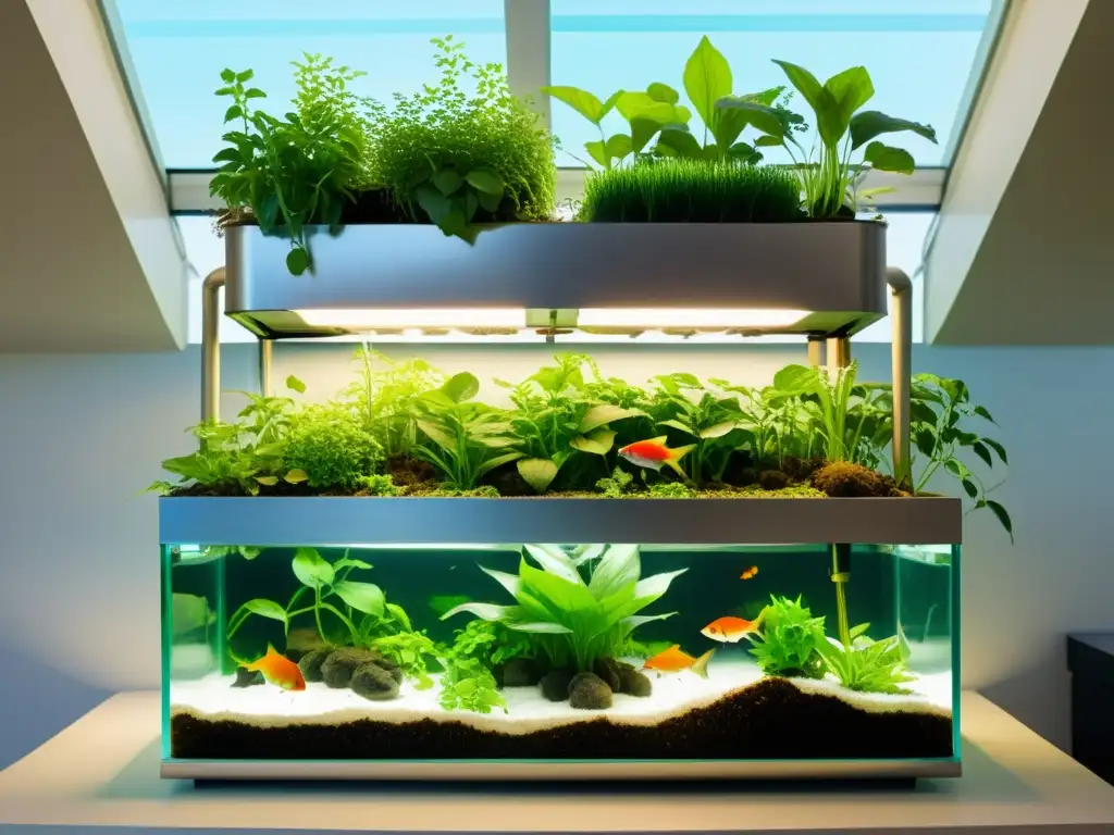 Un sistema de acuaponía moderno con plantas verdes exuberantes creciendo sobre el agua clara, en armonía con una próspera escuela de peces