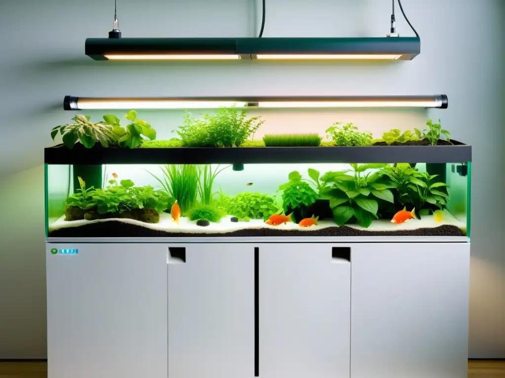 Un sistema de acuaponía moderno con plantas verdes exuberantes creciendo en contenedores llenos de agua, mientras los peces nadan graciosamente en los tanques claros debajo