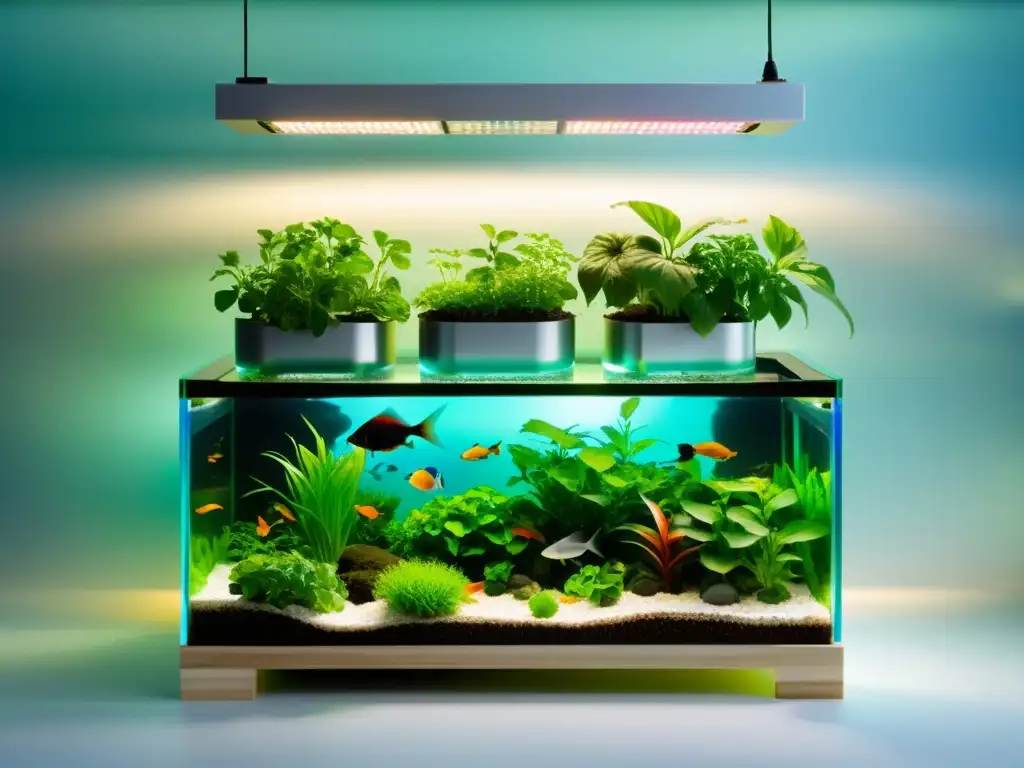 Diseño acuaponía bienestar peces: Sistema moderno con plantas vibrantes y peces coloridos en armonía