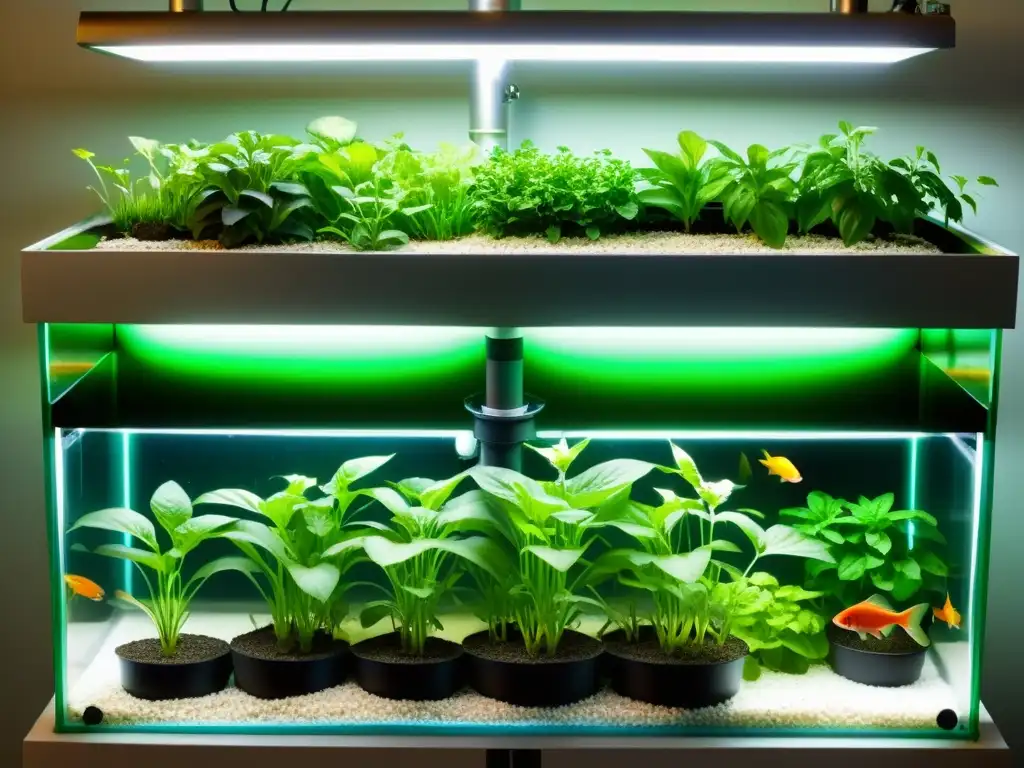 Un sistema de acuaponía moderno en pleno funcionamiento, con plantas exuberantes y peces nadando en tanques