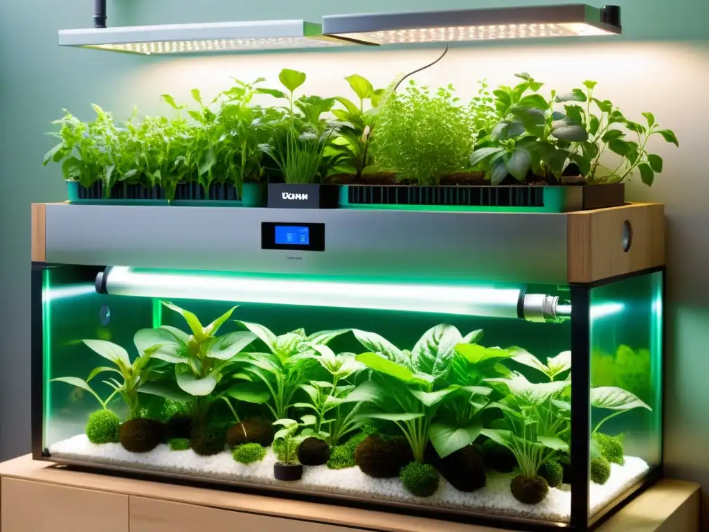 Un sistema de acuaponía moderno con sensores y automatización integrados, rodeado de exuberante vegetación