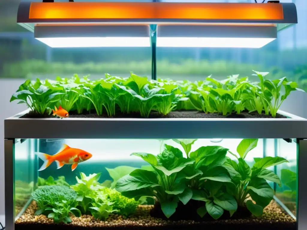 Un sistema de acuaponía moderno y sereno con lechugas verdes exuberantes y peces koi naranjas vibrantes en un invernadero minimalista