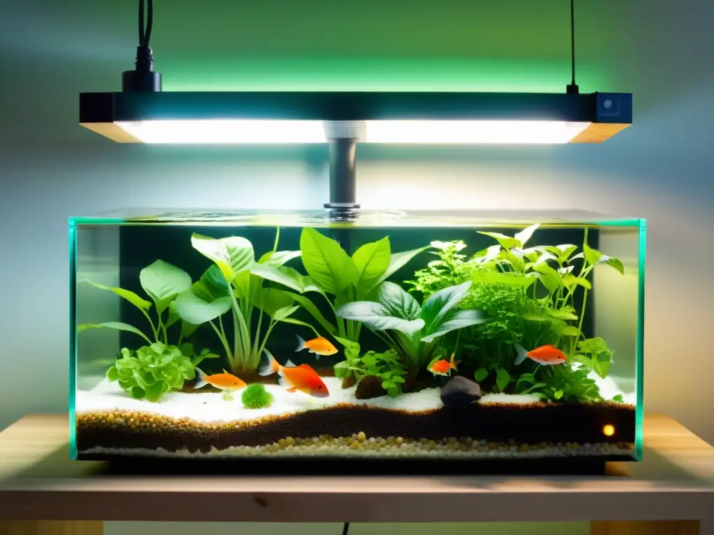 Un sistema de acuaponía moderno y sereno, con plantas exuberantes y peces vibrantes en un tanque cristalino