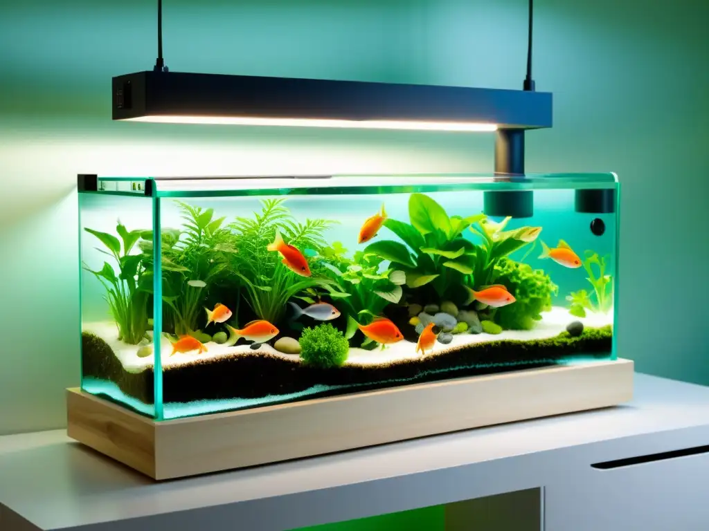 Un sistema de acuaponía moderno y sereno con plantas exuberantes sobre un acuario con peces coloridos