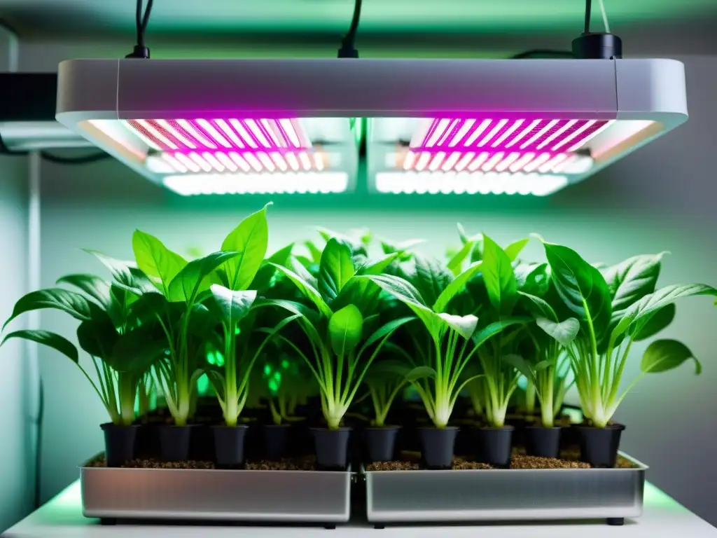 Un sistema de acuaponía moderno y sofisticado muestra plantas exuberantes bajo una iluminación óptima, realzando su crecimiento saludable