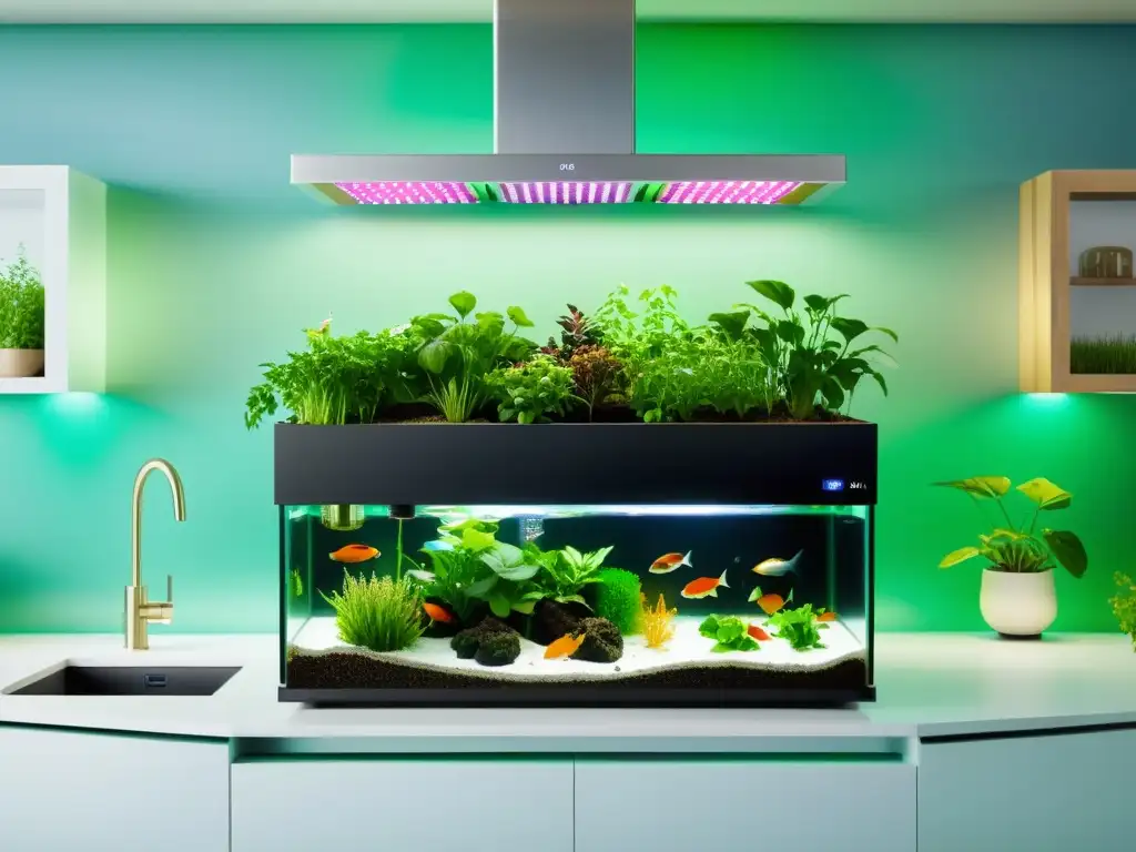 Un sistema de acuaponía moderno y sostenible en una cocina espaciosa y luminosa, enseñando sostenibilidad a niños