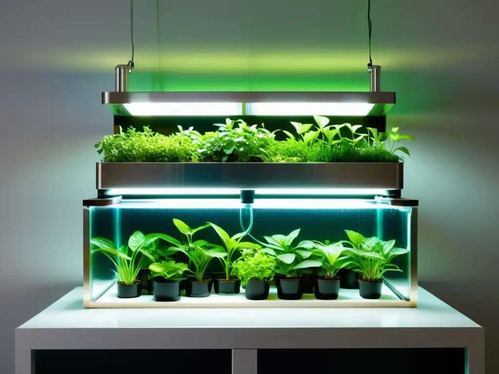 Un sistema de acuaponía moderno con tanques de acero inoxidable y plantas verdes vibrantes