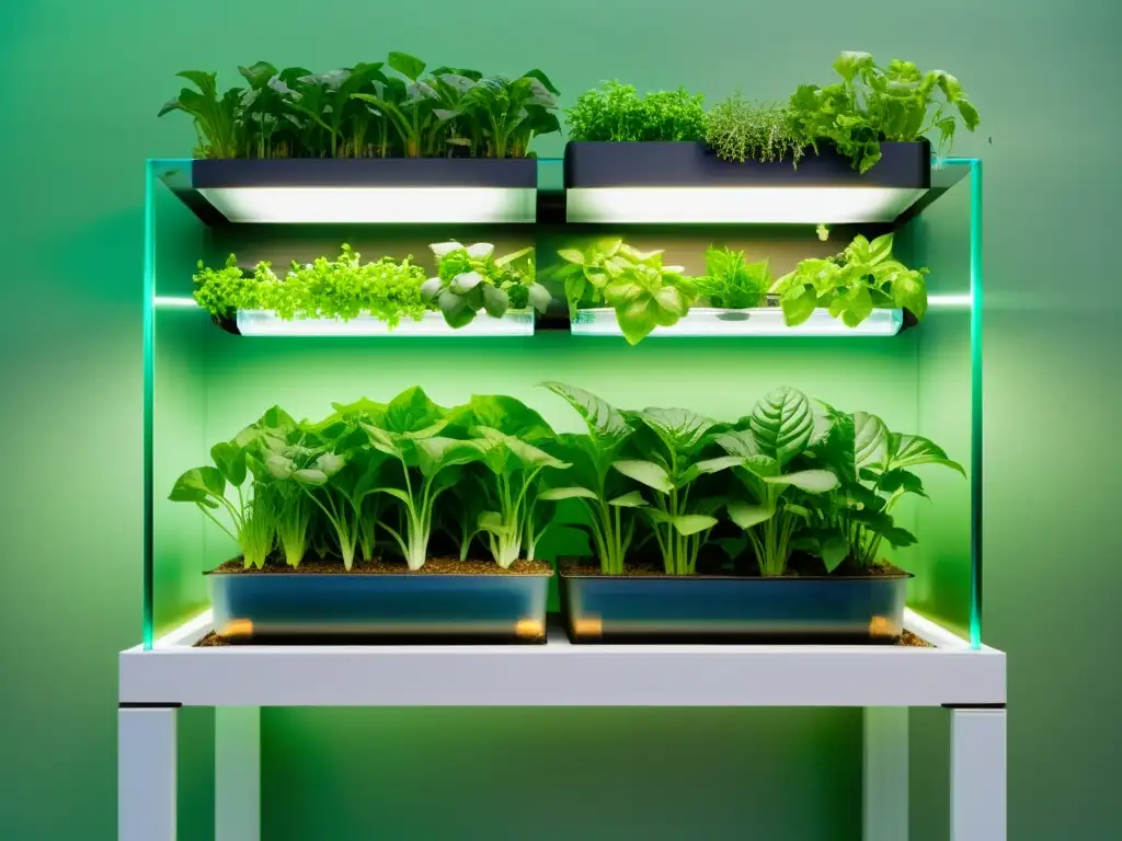 Un sistema de acuaponía moderno con tanques de peces transparentes y verduras de hojas verdes florecientes en un entorno urbano contemporáneo