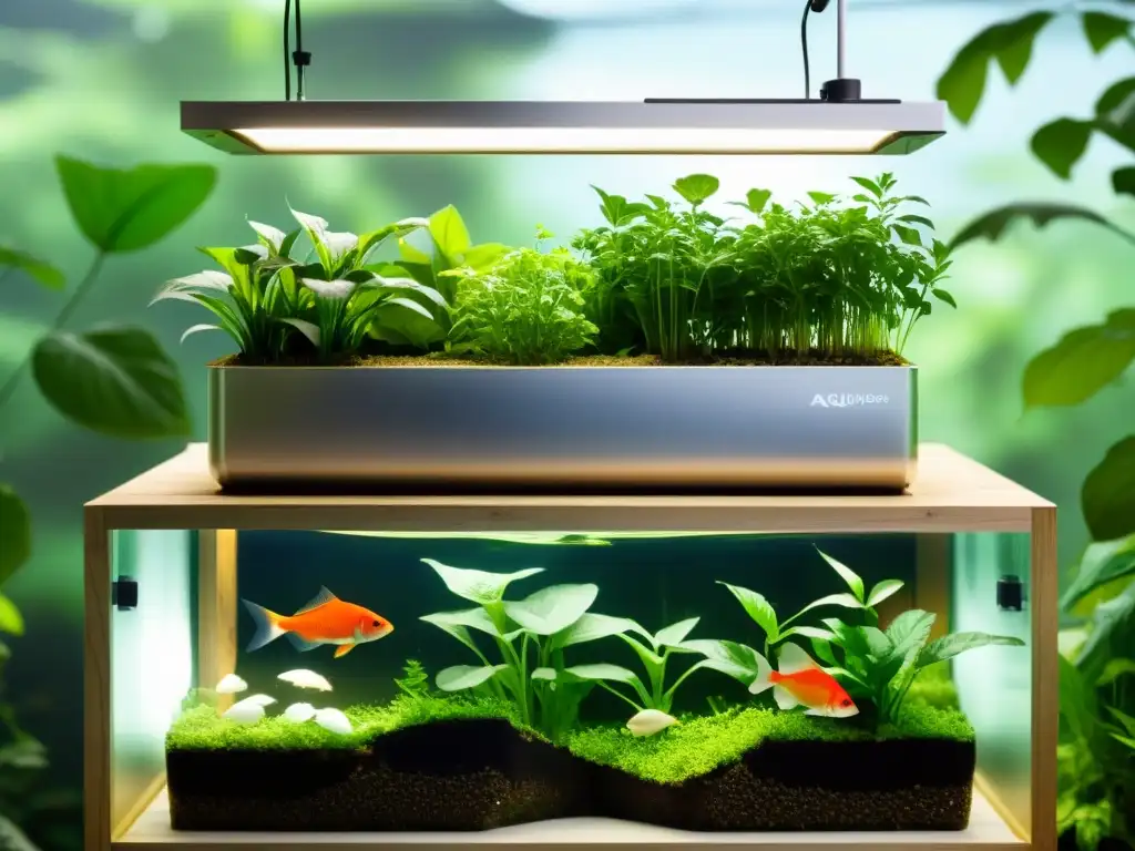 Un sistema de acuaponía moderno con tanques transparentes que exhiben la relación simbiótica entre peces y plantas, rodeado de exuberante vegetación