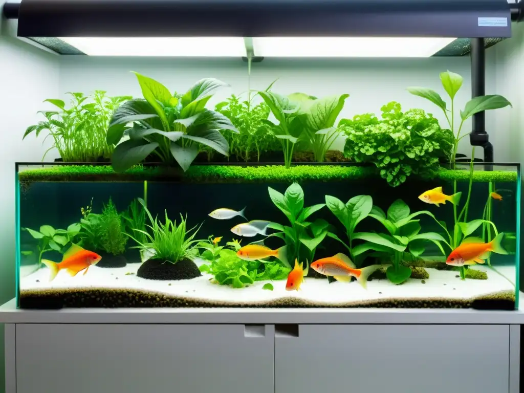 Un sistema de acuaponía moderno muestra tilapias y plantas verdes en armonía