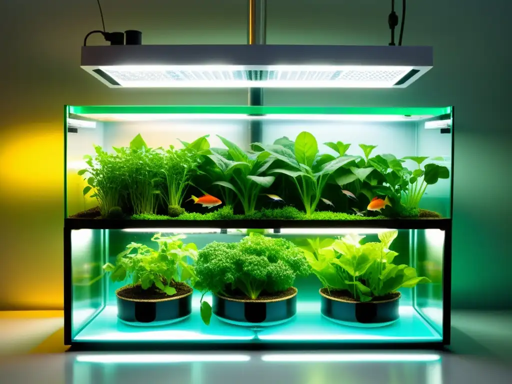 Un sistema de acuaponía moderno con verduras exuberantes y peces vibrantes en un tanque transparente