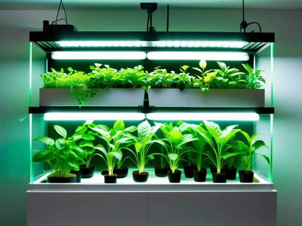 Un sistema moderno de acuaponía vertical en interiores con plantas exuberantes iluminadas por luces de cultivo LED