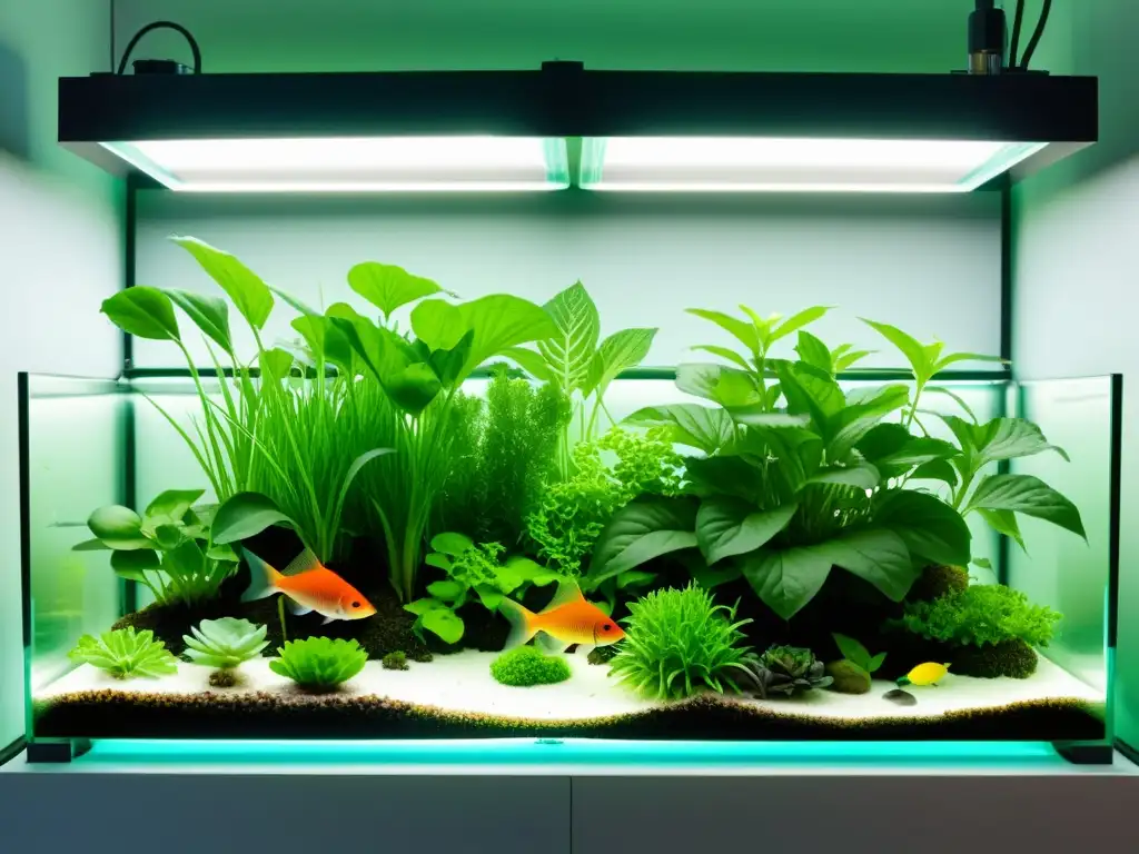 Un sistema de acuaponía moderno y vibrante con control de algas, plantas saludables y agua clara en una atmósfera futurista impresionante