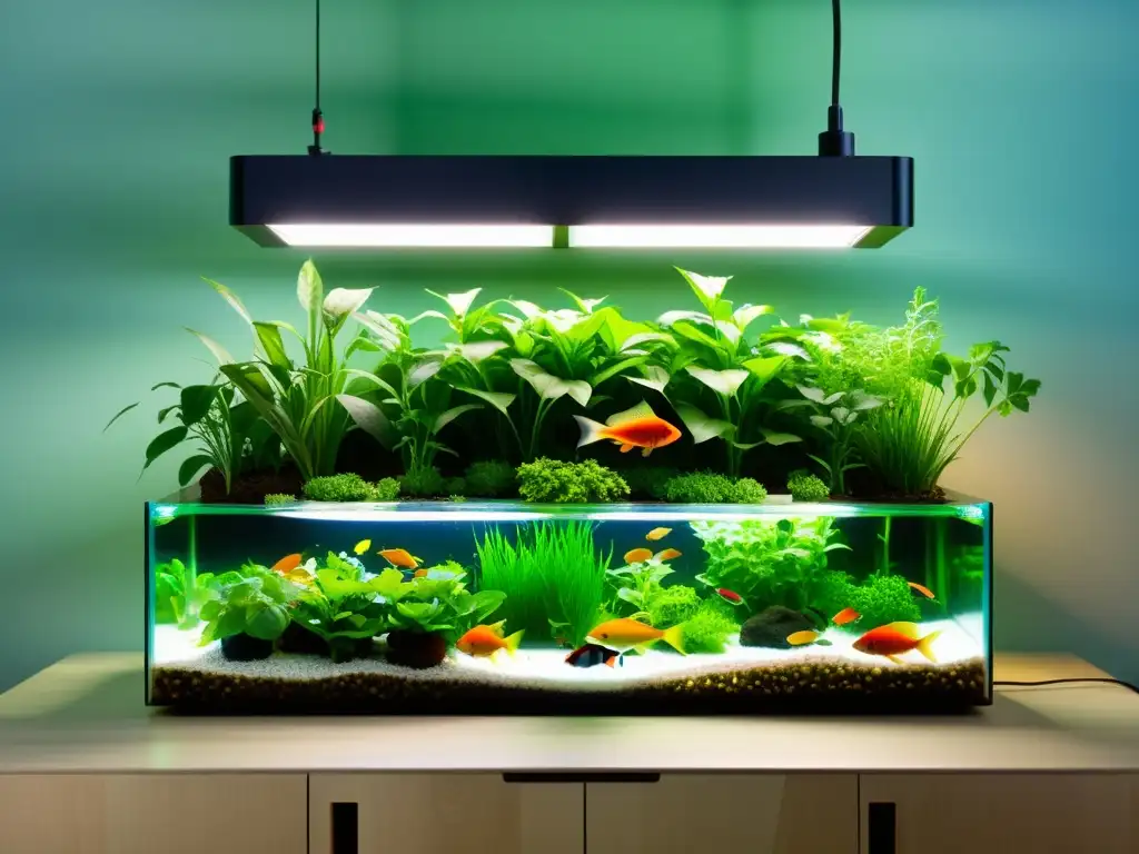 Un sistema de acuaponía moderno y vibrante con vegetación exuberante y peces coloridos nadando en agua clara