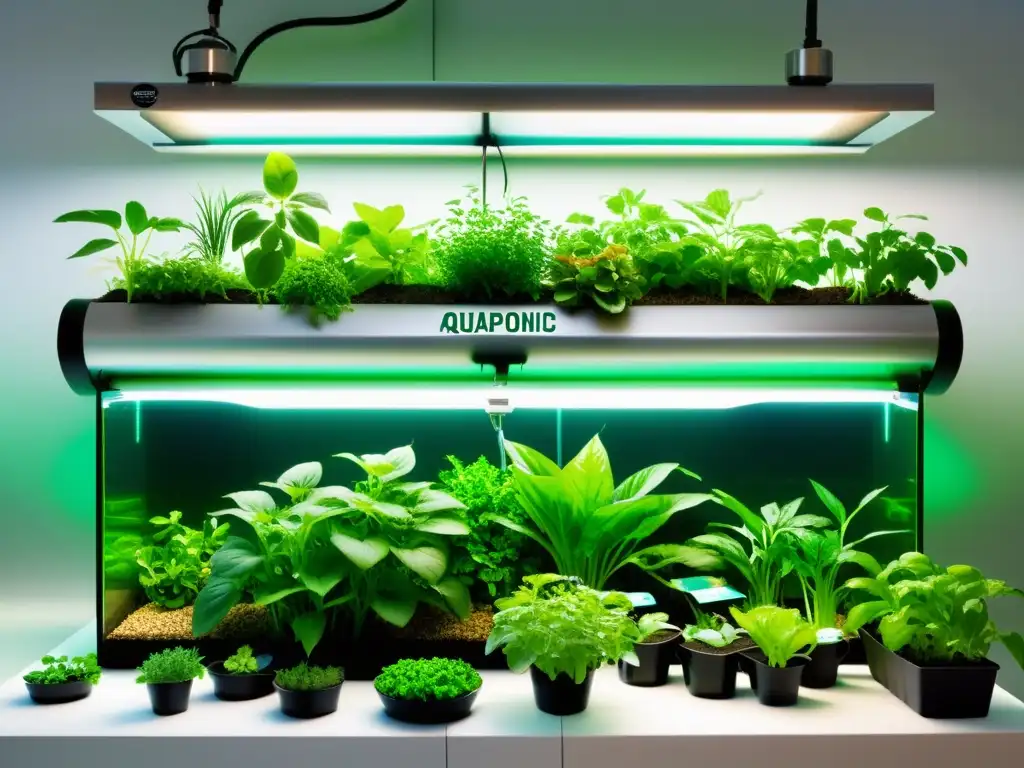 Un sistema de acuaponía moderno y vibrante que integra el manejo sostenible de residuos, con plantas exuberantes en tanques de agua