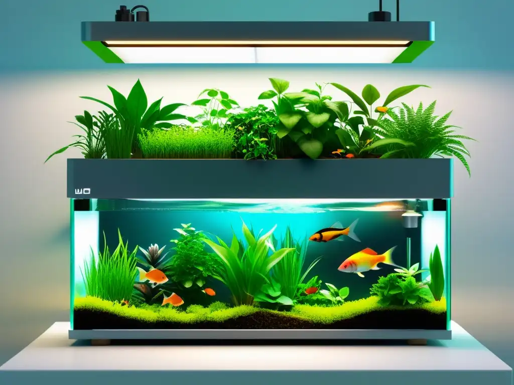 Un sistema de acuaponía moderno y vibrante con peces coloridos y vegetación exuberante