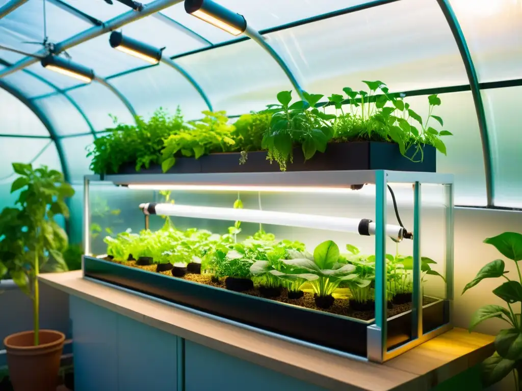 Un sistema de acuaponía moderno y vibrante con plantas exuberantes en un invernadero futurista