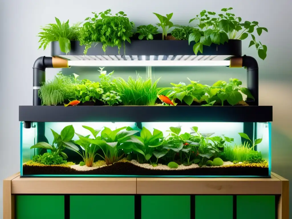 Un sistema de acuaponía moderno y vibrante exhibe plantas exuberantes sobre un tanque de peces saludables, con un diseño urbano sostenible