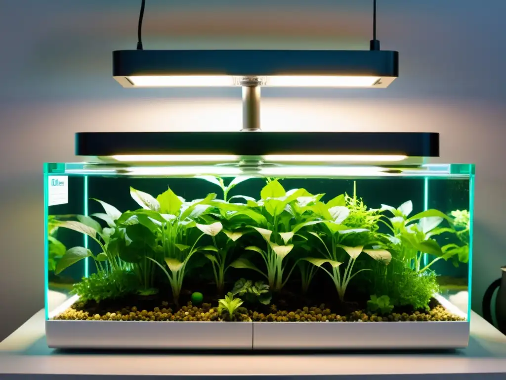 Un sistema de acuaponía moderno y vibrante con plantas exuberantes en agua cristalina, rodeado de equipo de vanguardia y diseño futurista