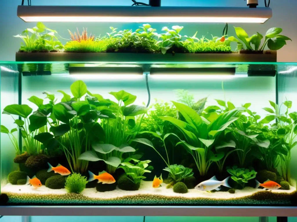 Un sistema de acuaponía moderno y vibrante con plantas exuberantes y peces coloridos nadando entre burbujas