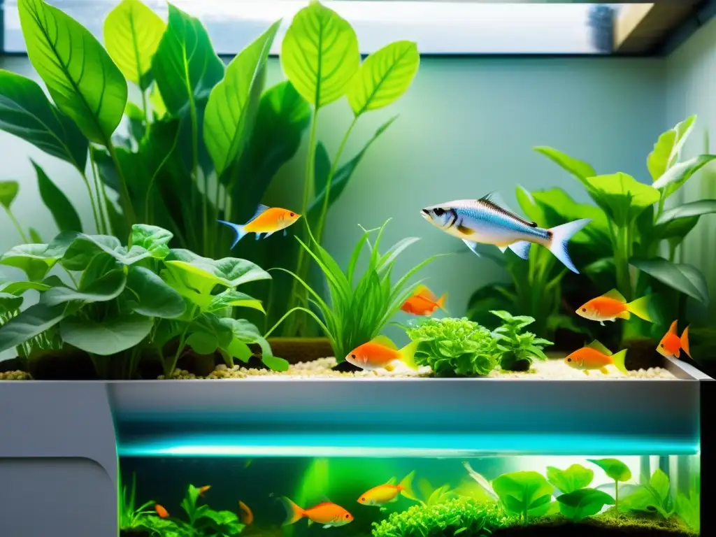 Un sistema de acuaponía moderno y vibrante con plantas exuberantes sobre el agua y peces coloridos debajo