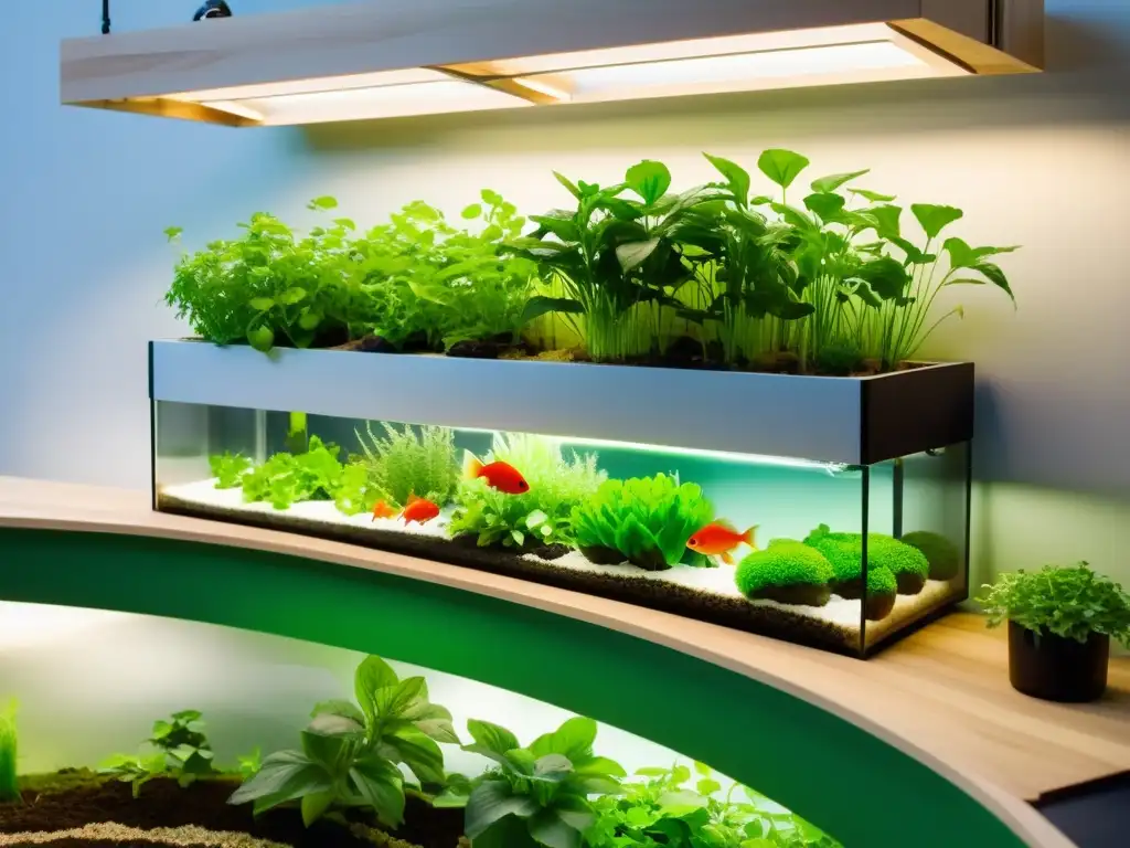 Un sistema de acuaponía moderno y vibrante con plantas exuberantes y peces saludables en un contexto de dieta baja en calorías