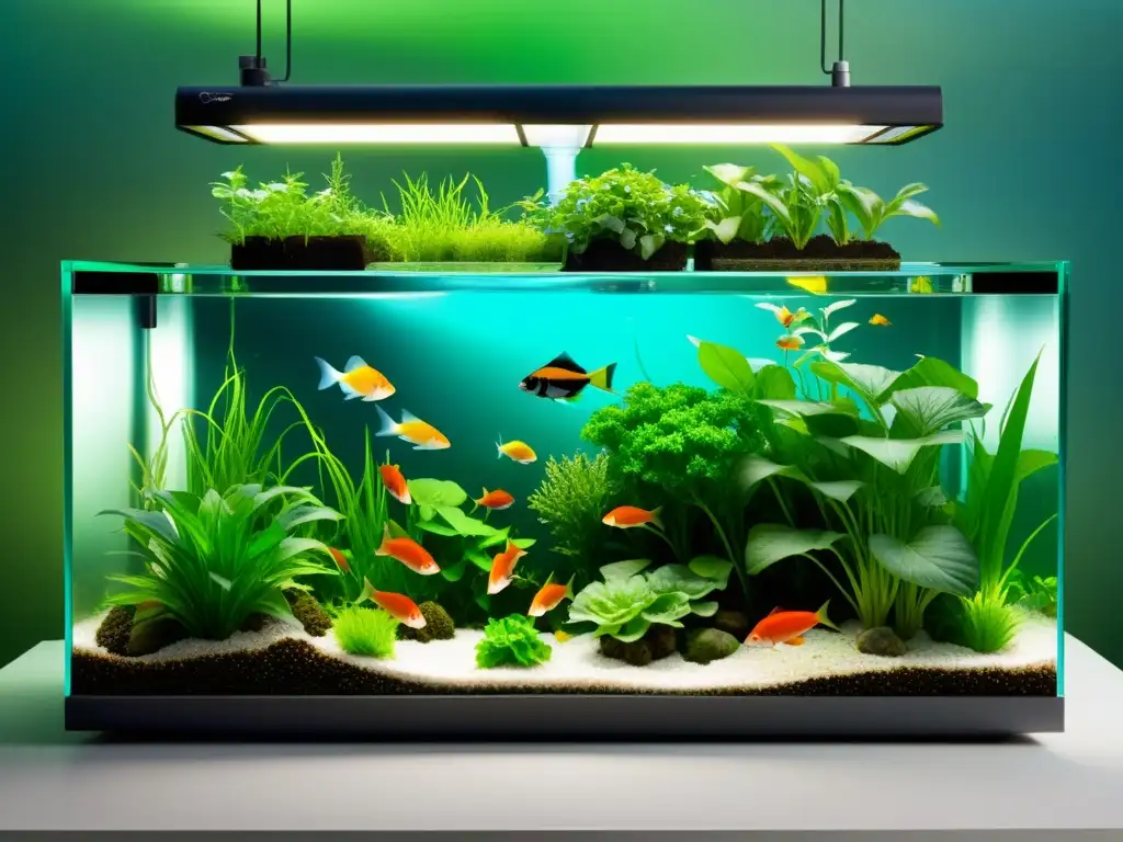 Un sistema de acuaponía moderno y vibrante con plantas exuberantes, peces coloridos y diseño contemporáneo que refleja armonía y equilibrio