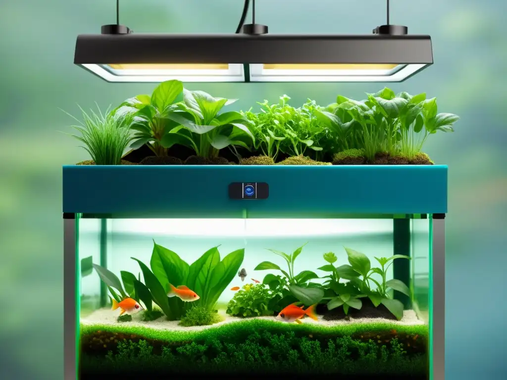 Un sistema de acuaponía moderno y vibrante, que muestra la relación simbiótica entre peces y plantas