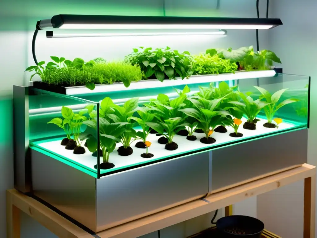 Un sistema de acuaponía moderno y vibrante con sensores automatizados, plantas exuberantes y agua rica en nutrientes