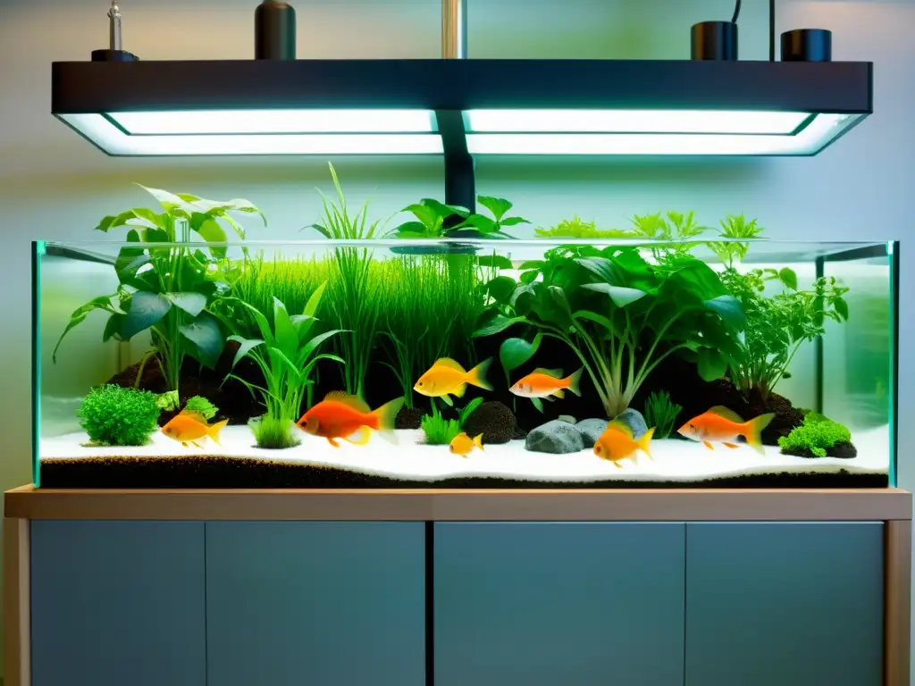 Un sistema de acuaponía moderno y vibrante, con tanques de peces transparentes, plantas exuberantes y sistemas eficientes de filtración de agua