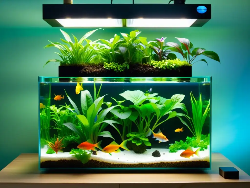 Un sistema de acuaponía moderno y vibrante con una variedad de exuberantes plantas verdes y peces coloridos